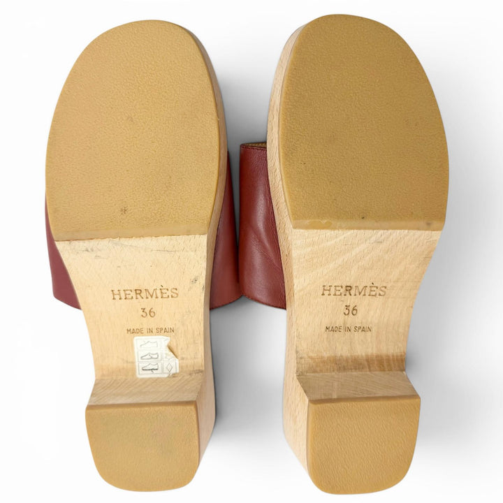 Great HERMES Sandals Kevral H motif wood sole Brown leather Women 36