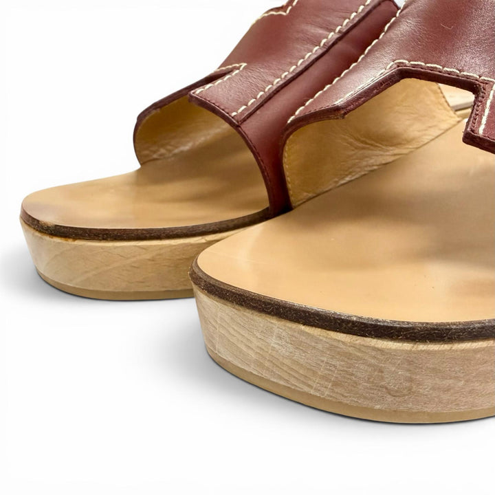 Great HERMES Sandals Kevral H motif wood sole Brown leather Women 36