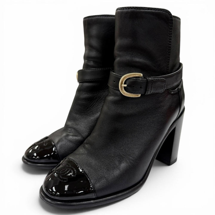 Great CHANEL short boots COCO Mark Ankle Belt Leather black Women 36.5 G38064