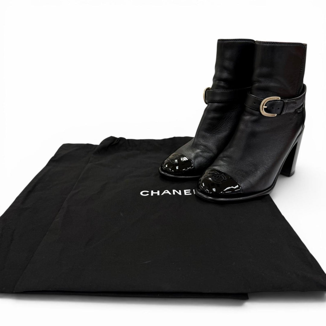 Great CHANEL short boots COCO Mark Ankle Belt Leather black Women 36.5 G38064