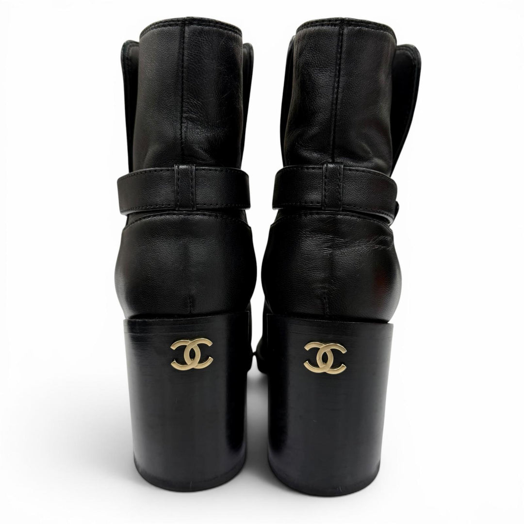 Great CHANEL short boots COCO Mark Ankle Belt Leather black Women 36.5 G38064