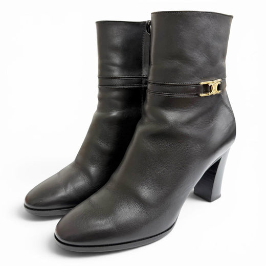 Great CELINE short boots Triomphe Side-Zip Leather Ankle Boots black Women 37.5