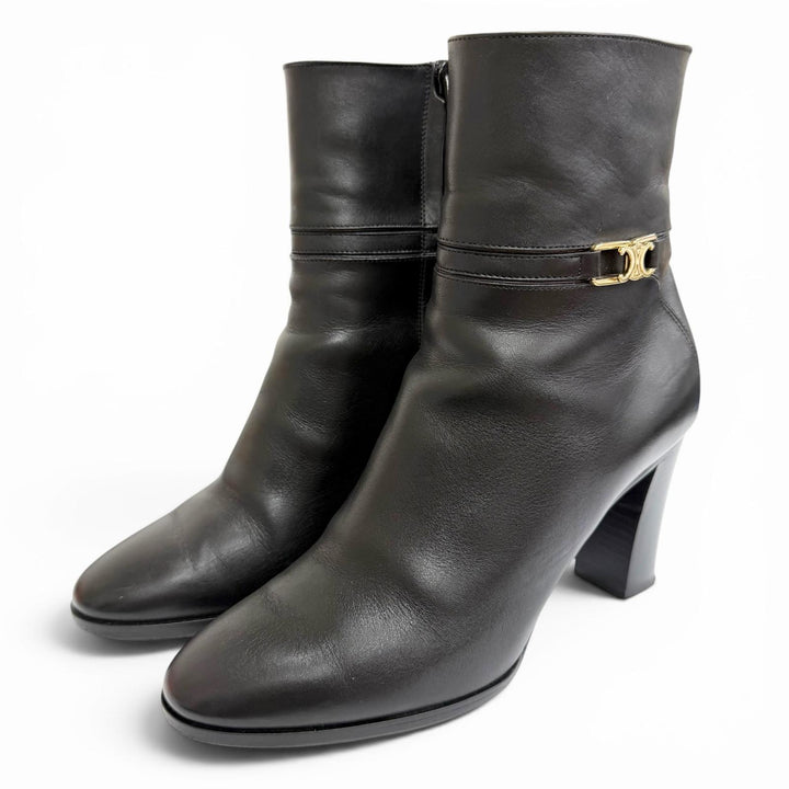 Great CELINE short boots Triomphe Side-Zip Leather Ankle Boots black Women 37.5