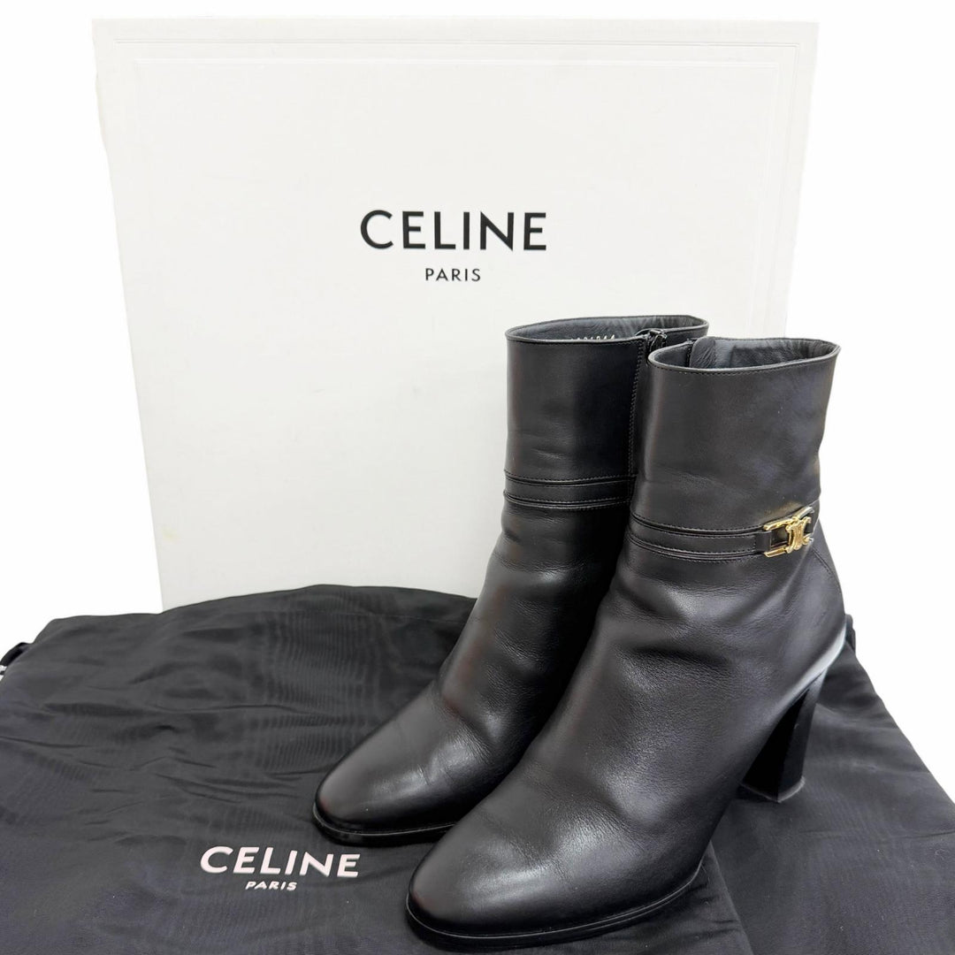 Great CELINE short boots Triomphe Side-Zip Leather Ankle Boots black Women 37.5