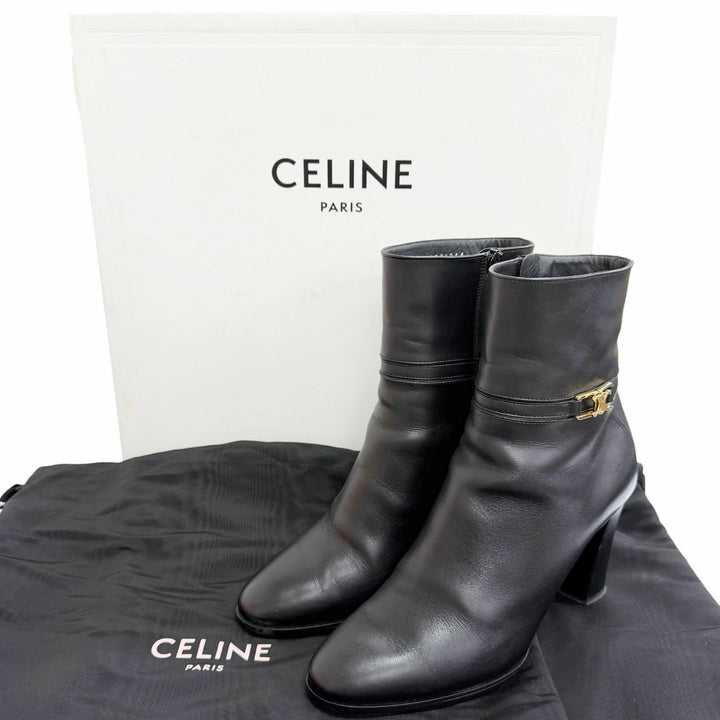 Great CELINE short boots Triomphe Side-Zip Leather Ankle Boots black Women 37.5