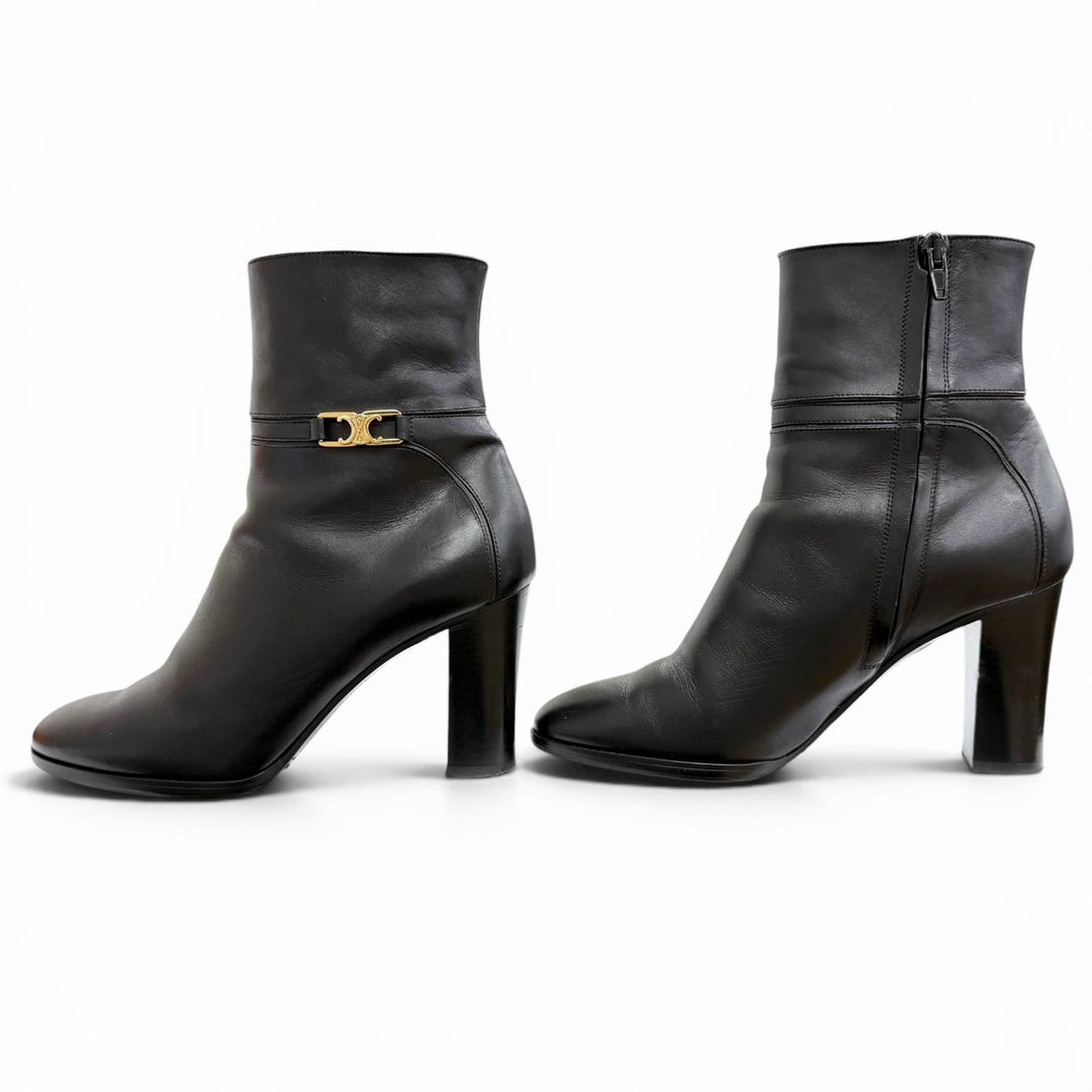 Great CELINE short boots Triomphe Side-Zip Leather Ankle Boots black Women 37.5