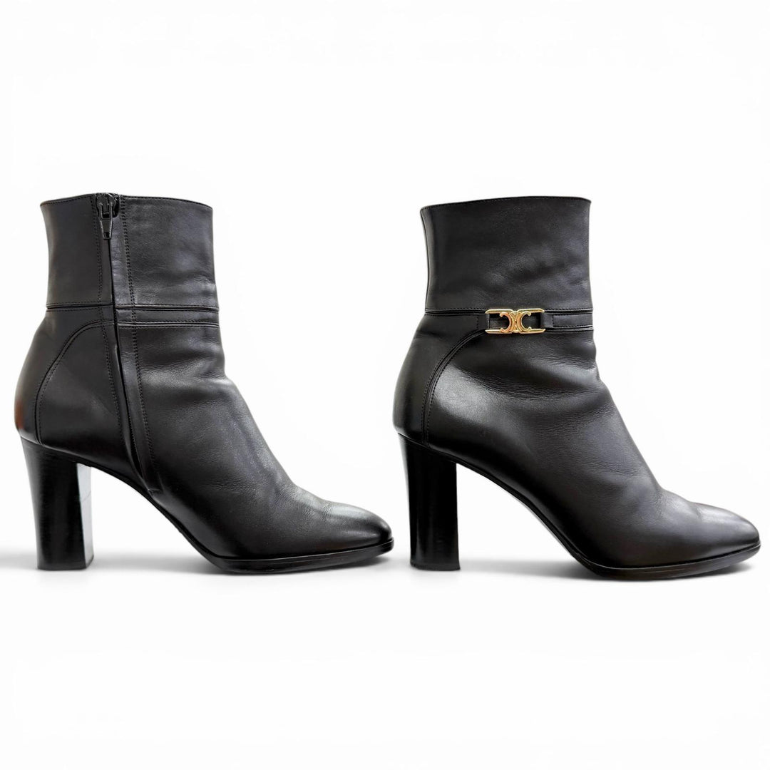 Great CELINE short boots Triomphe Side-Zip Leather Ankle Boots black Women 37.5