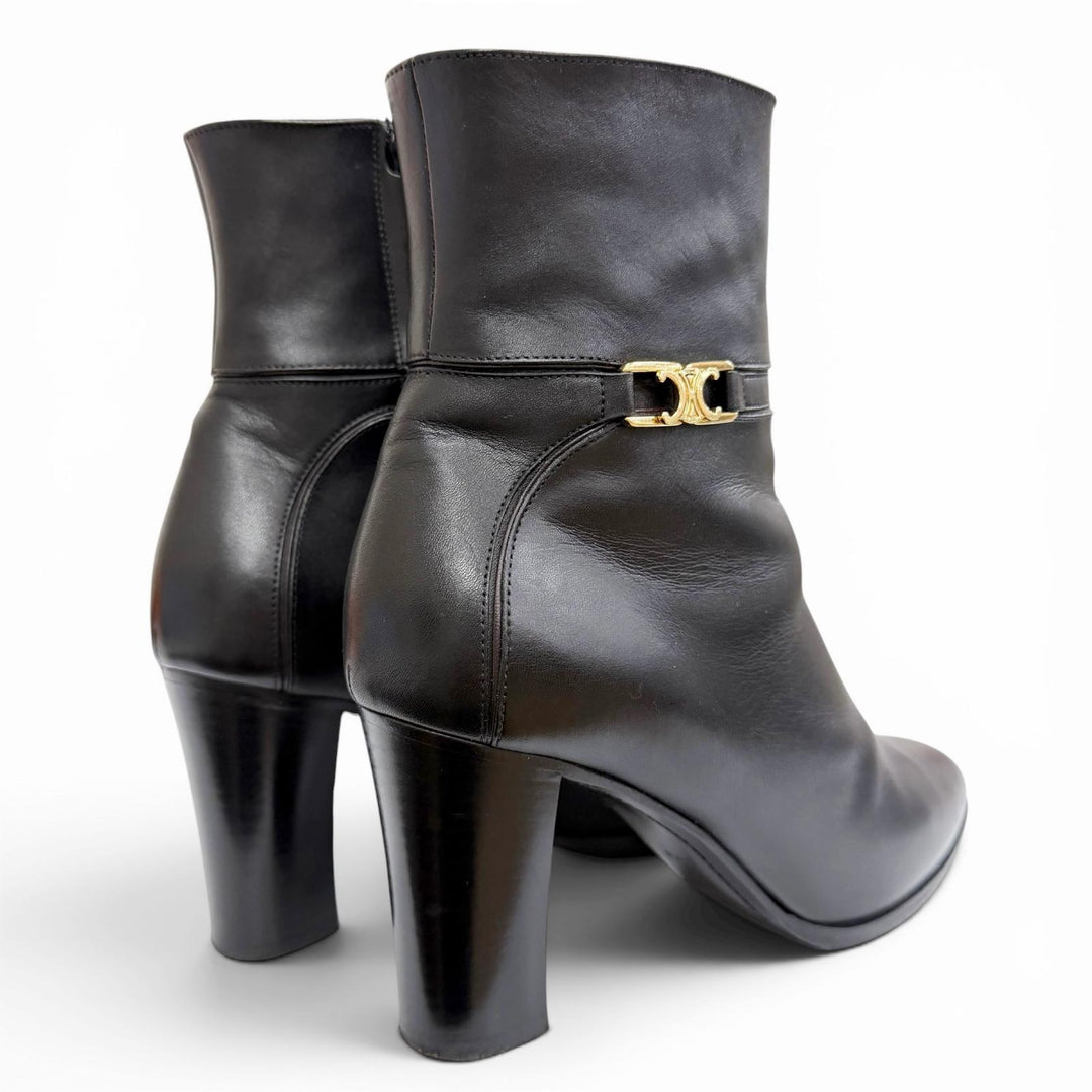 Great CELINE short boots Triomphe Side-Zip Leather Ankle Boots black Women 37.5