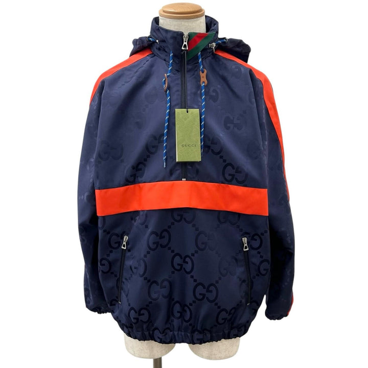 Pristine GUCCI Nylon jacket Jumbo GG Hooded Half-Zip Navy Nylon mens 44 685818