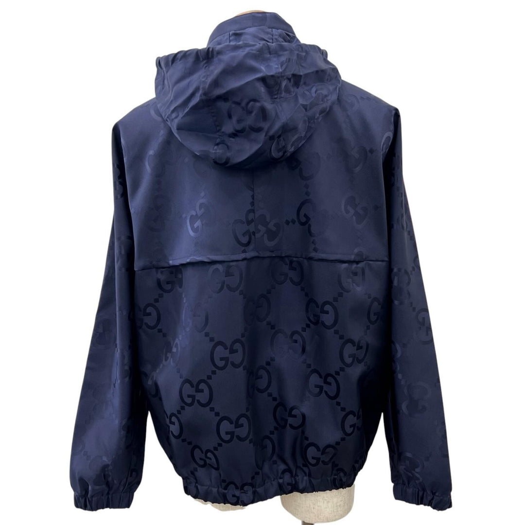 Pristine GUCCI Nylon jacket Jumbo GG Hooded Half-Zip Navy Nylon mens 44 685818