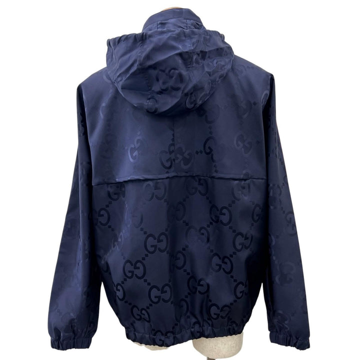 Pristine GUCCI Nylon jacket Jumbo GG Hooded Half-Zip Navy Nylon mens 44 685818