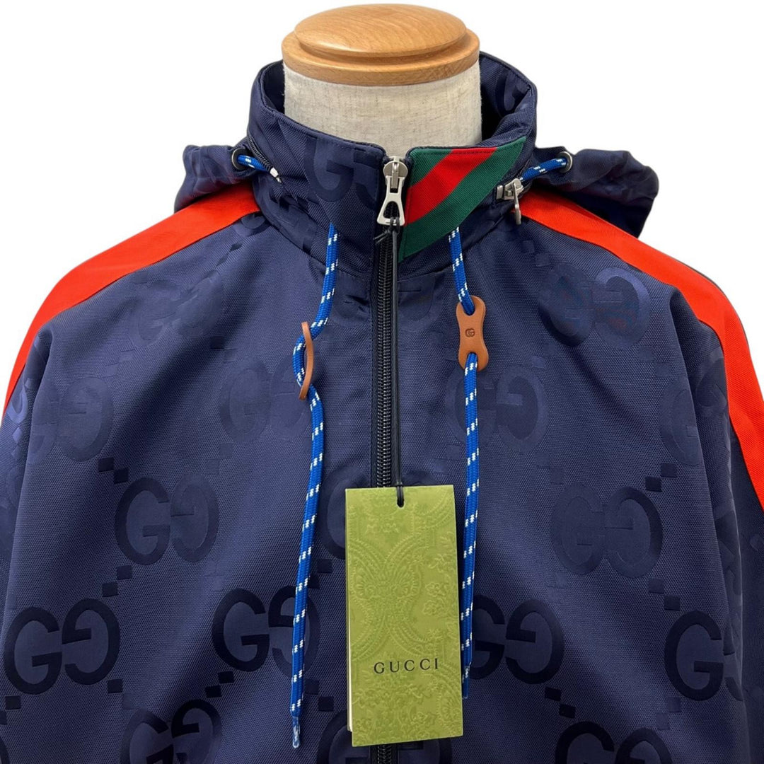 Pristine GUCCI Nylon jacket Jumbo GG Hooded Half-Zip Navy Nylon mens 44 685818