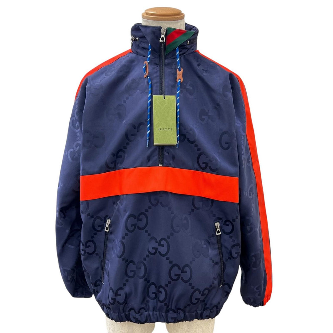 Pristine GUCCI Nylon jacket Jumbo GG Hooded Half-Zip Navy Nylon mens 44 685818