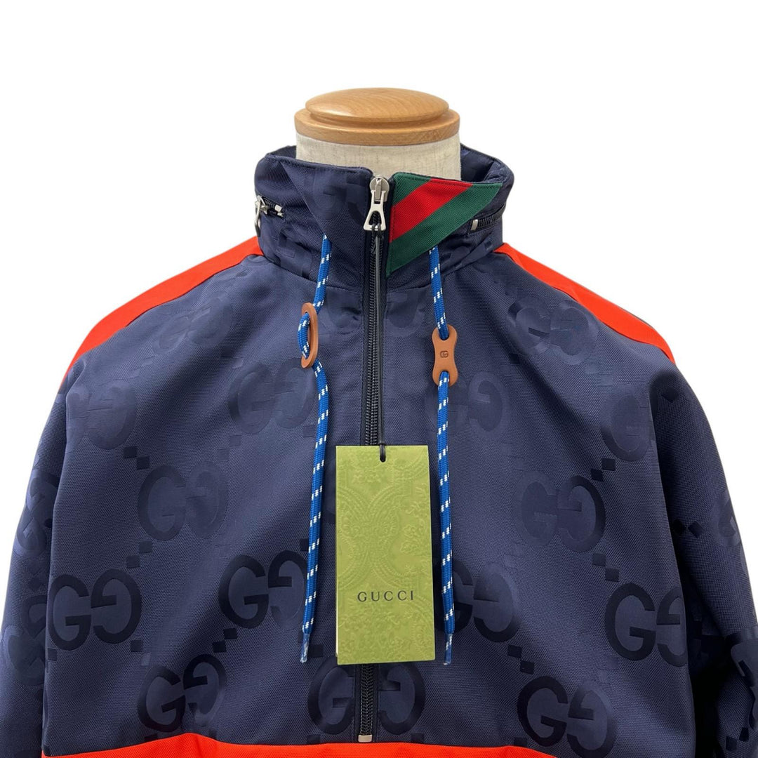 Pristine GUCCI Nylon jacket Jumbo GG Hooded Half-Zip Navy Nylon mens 44 685818