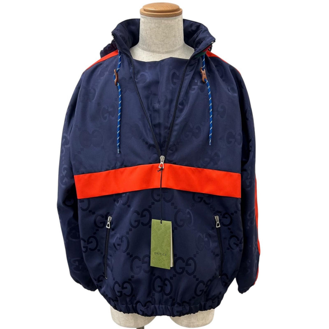 Pristine GUCCI Nylon jacket Jumbo GG Hooded Half-Zip Navy Nylon mens 44 685818