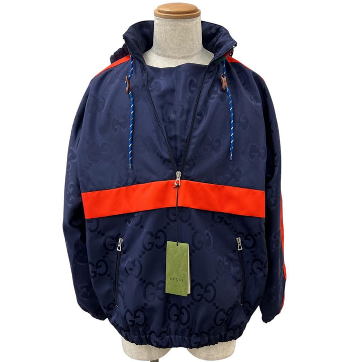 Pristine GUCCI Nylon jacket Jumbo GG Hooded Half-Zip Navy Nylon mens 44 685818