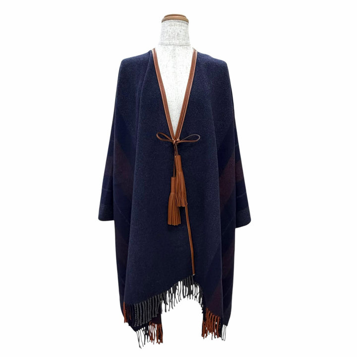 Excellent HERMES Rocabar Leather-trimmed, tassel-detailed fringed cape poncho