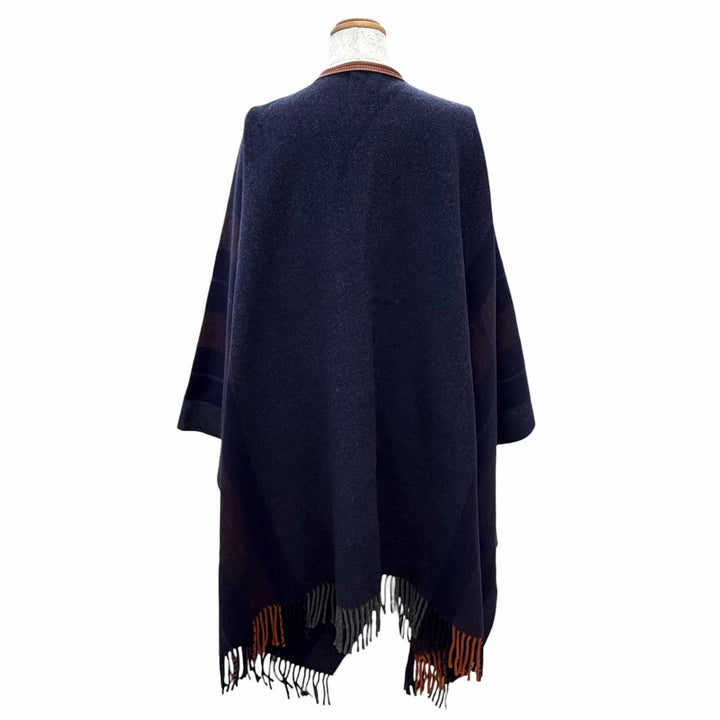 Excellent HERMES Rocabar Leather-trimmed, tassel-detailed fringed cape poncho