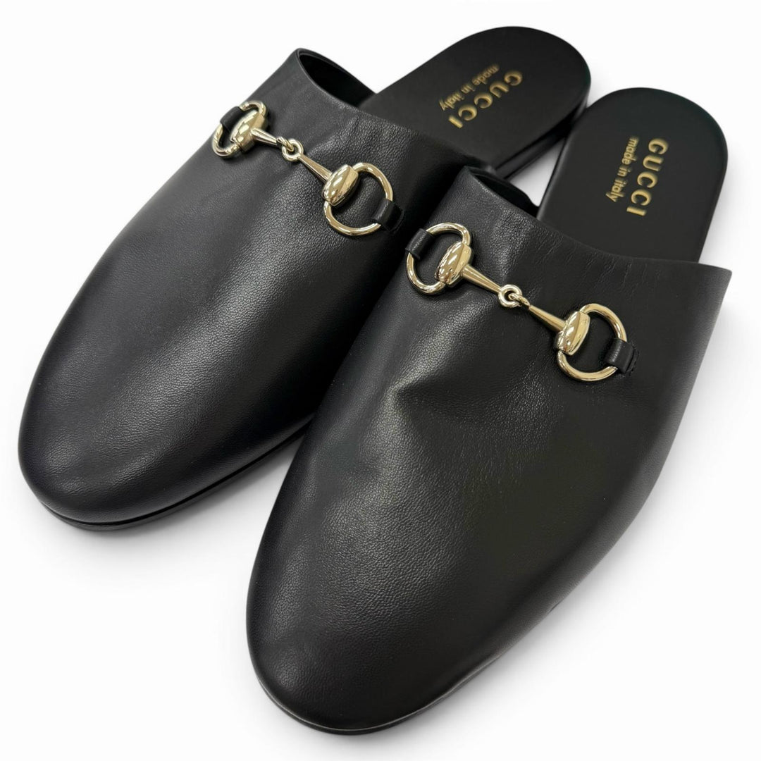 Pristine GUCCI Sandals Horsebit Gold Metal Flat Shoes Mules black
