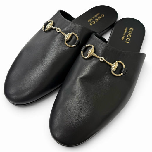 Pristine GUCCI Sandals Horsebit Gold Metal Flat Shoes Mules black