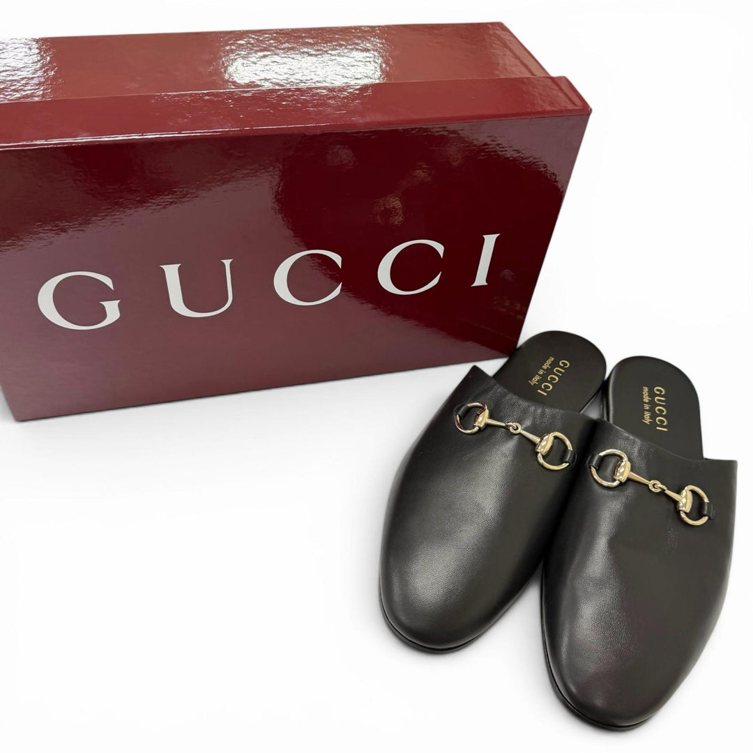 Pristine GUCCI Sandals Horsebit Gold Metal Flat Shoes Mules black