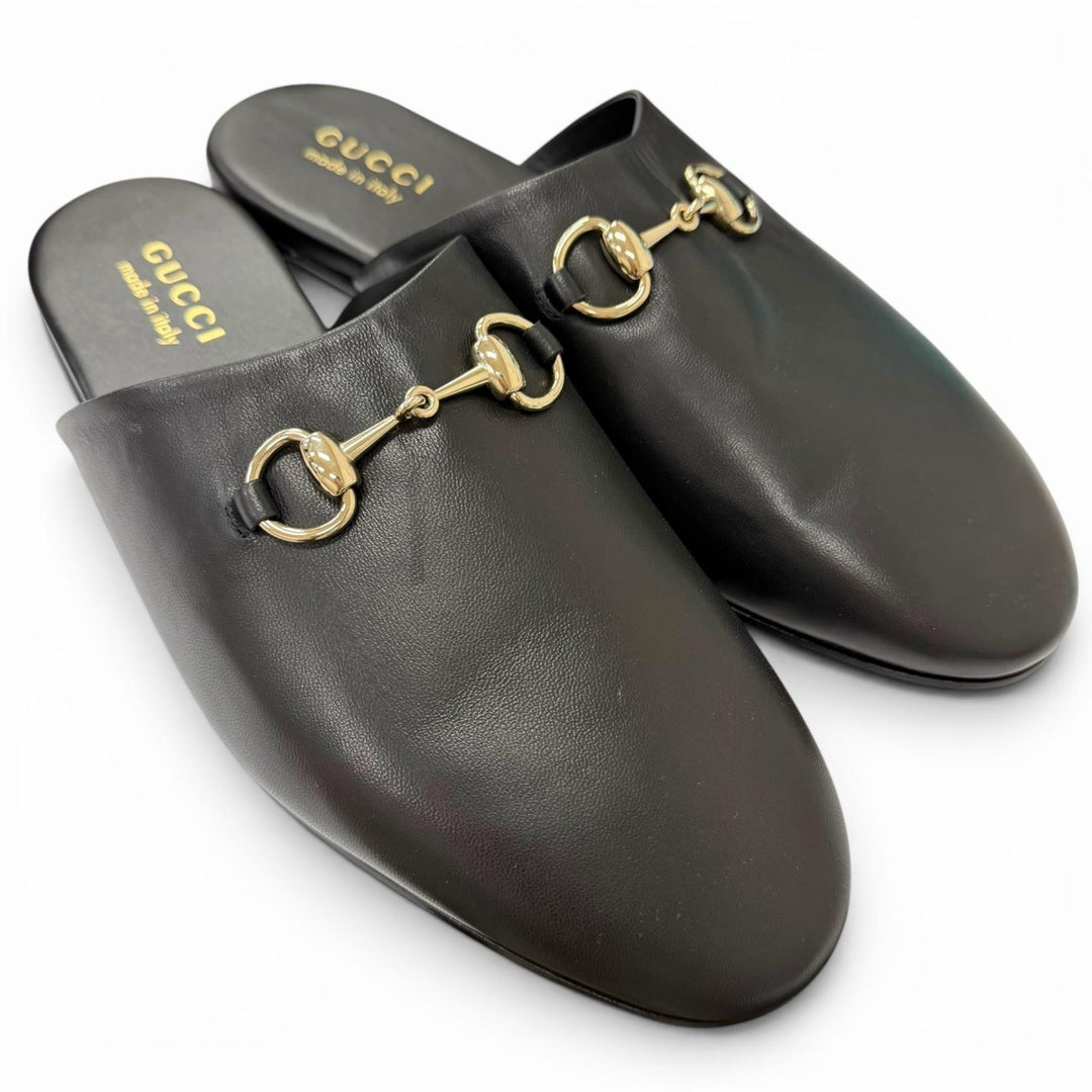 Pristine GUCCI Sandals Horsebit Gold Metal Flat Shoes Mules black