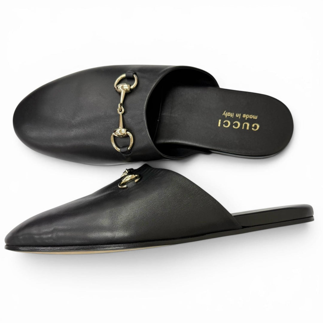 Pristine GUCCI Sandals Horsebit Gold Metal Flat Shoes Mules black