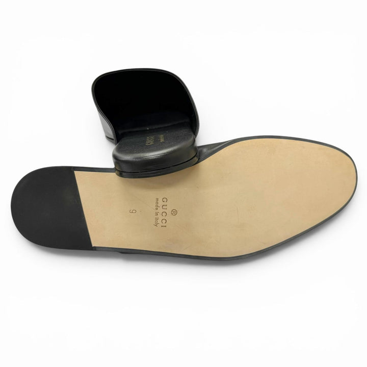 Pristine GUCCI Sandals Horsebit Gold Metal Flat Shoes Mules black
