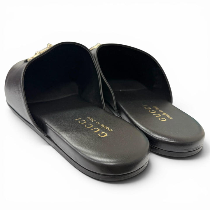 Pristine GUCCI Sandals Horsebit Gold Metal Flat Shoes Mules black