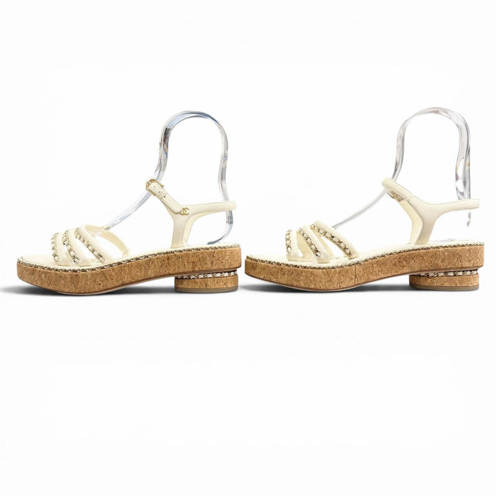 Pristine CHANEL COCO Mark Chain Strap Cork Sole Leather Sandals Ivory 38 G35779