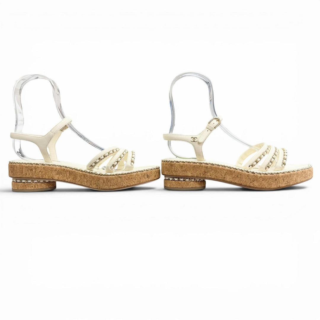 Pristine CHANEL COCO Mark Chain Strap Cork Sole Leather Sandals Ivory 38 G35779