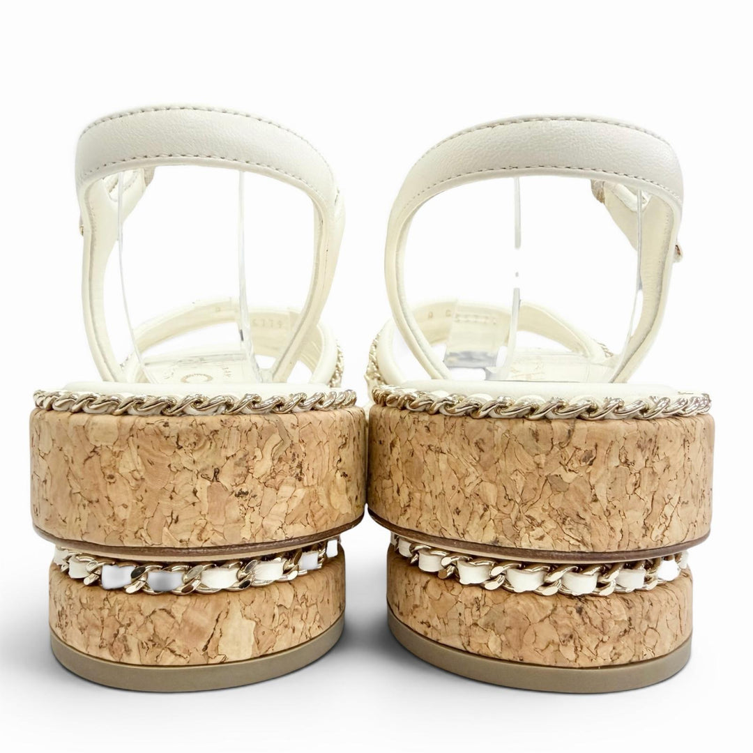 Pristine CHANEL COCO Mark Chain Strap Cork Sole Leather Sandals Ivory 38 G35779
