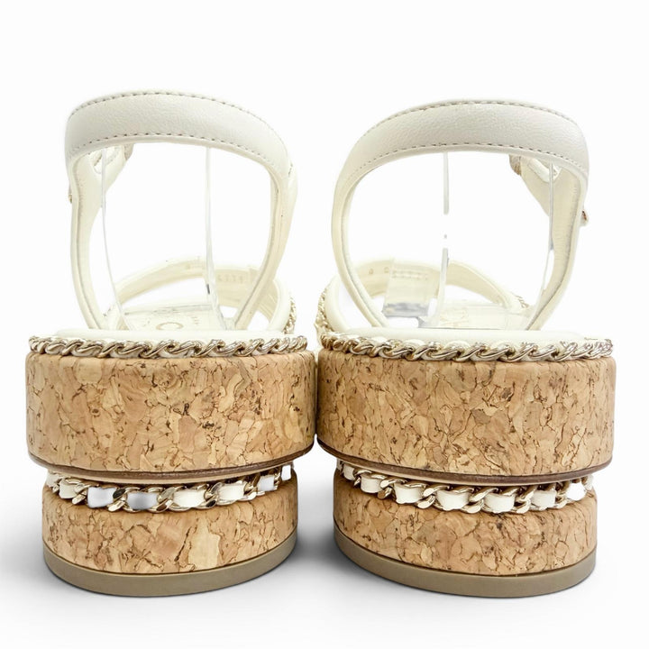 Pristine CHANEL COCO Mark Chain Strap Cork Sole Leather Sandals Ivory 38 G35779