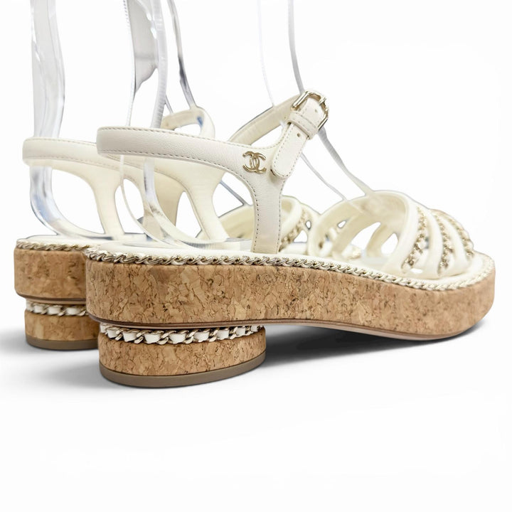 Pristine CHANEL COCO Mark Chain Strap Cork Sole Leather Sandals Ivory 38 G35779