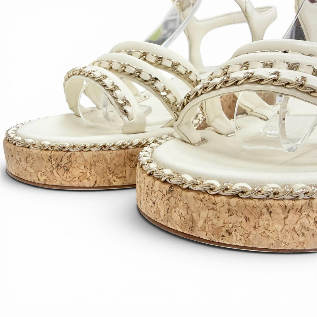 Pristine CHANEL COCO Mark Chain Strap Cork Sole Leather Sandals Ivory 38 G35779