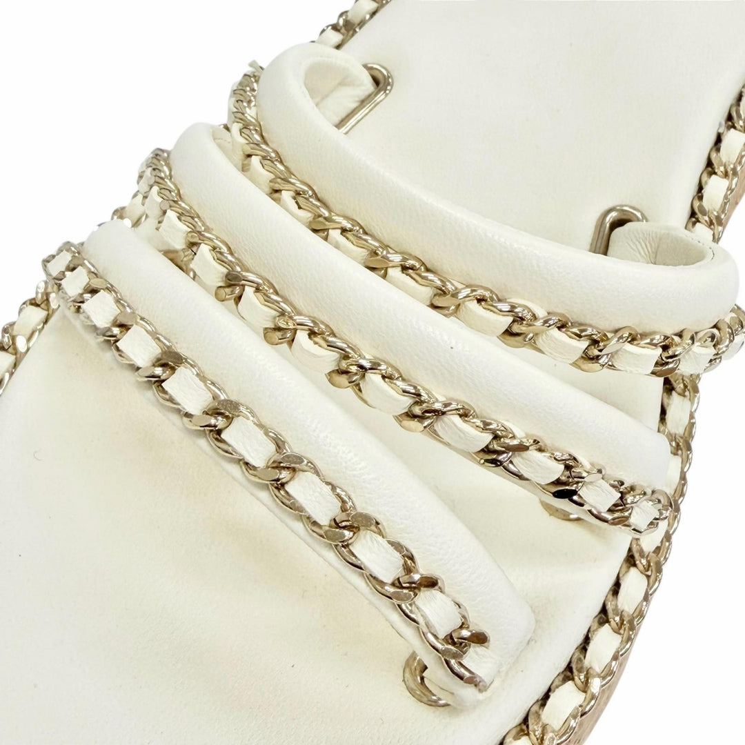 Pristine CHANEL COCO Mark Chain Strap Cork Sole Leather Sandals Ivory 38 G35779