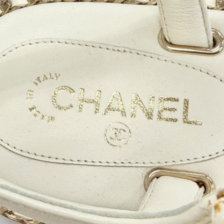 Pristine CHANEL COCO Mark Chain Strap Cork Sole Leather Sandals Ivory 38 G35779