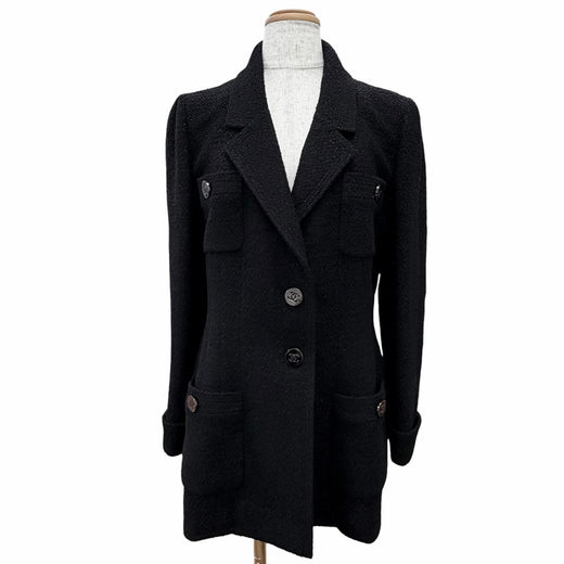 Excellent CHANEL Jacket COCO Mark button glitter tweed black wool 40 P05420 95A