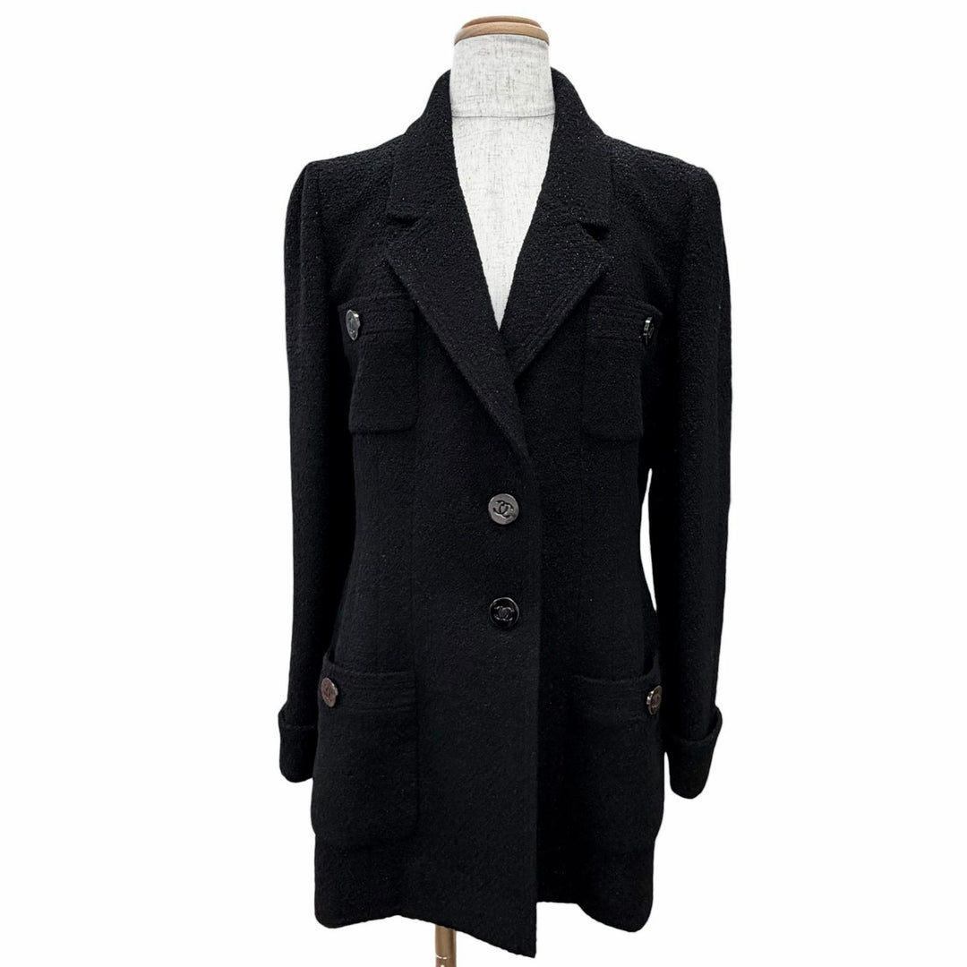 Excellent CHANEL Jacket COCO Mark button glitter tweed black wool 40 P05420 95A