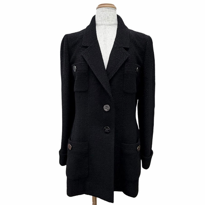 Excellent CHANEL Jacket COCO Mark button glitter tweed black wool 40 P05420 95A