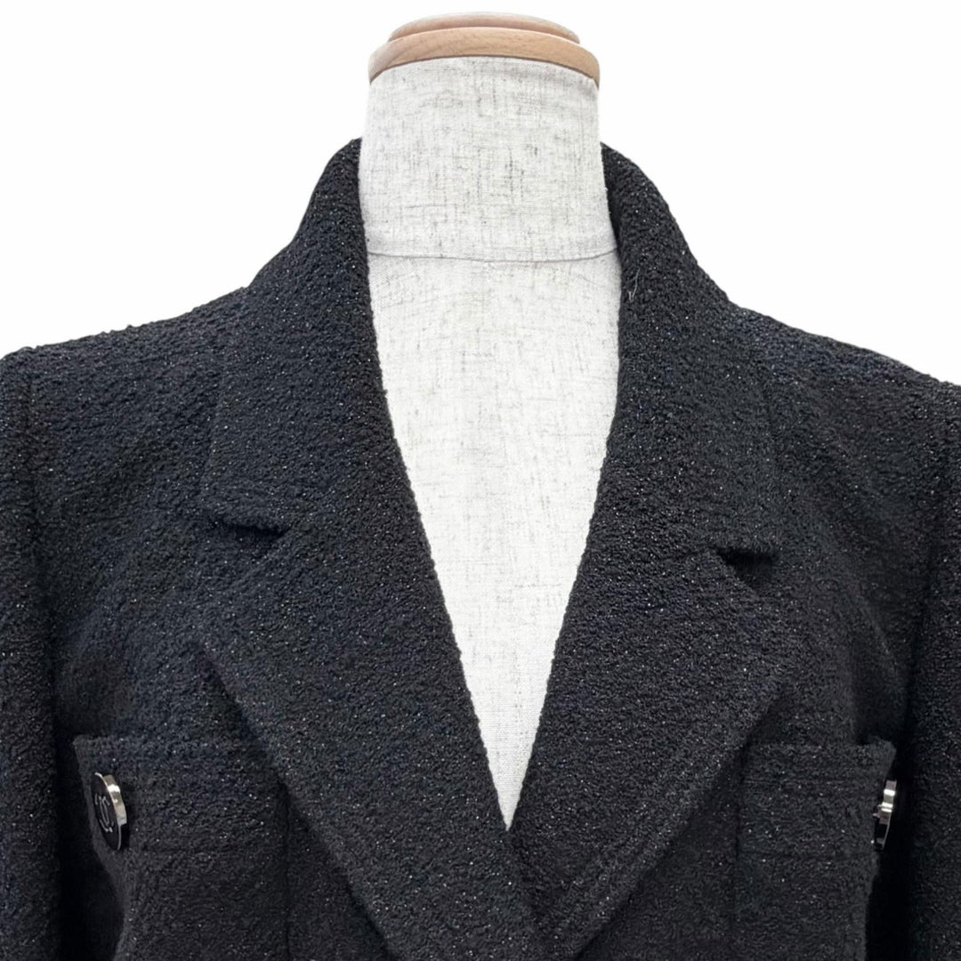 Excellent CHANEL Jacket COCO Mark button glitter tweed black wool 40 P05420 95A