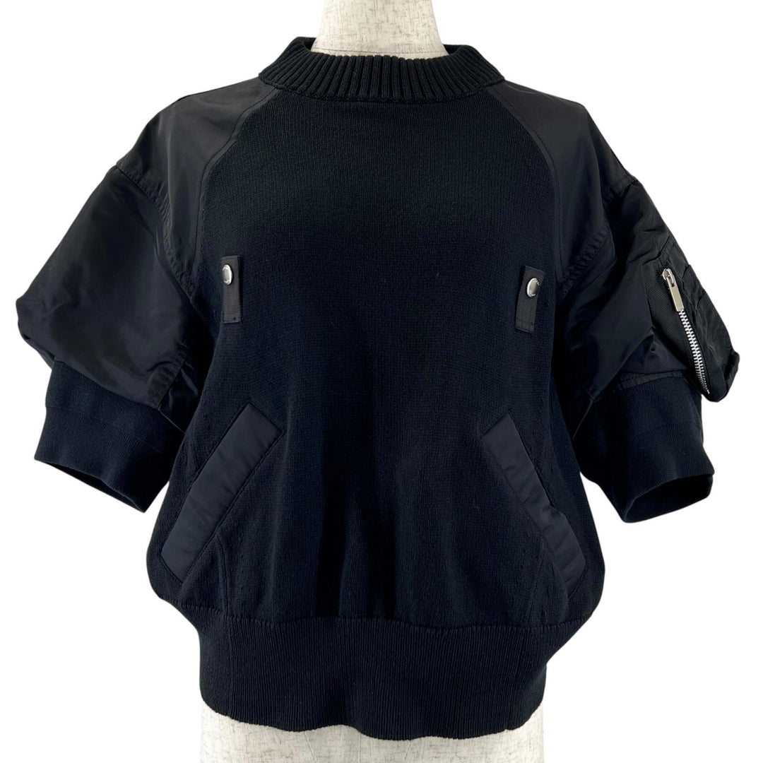 Excellent Sacai tops Docking short-sleeved sweater black cotton Women 1 24-07087