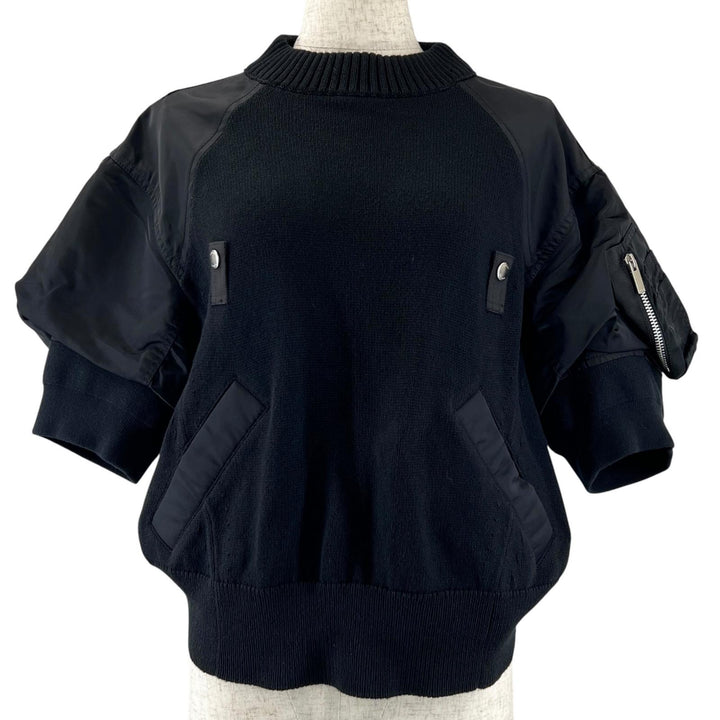 Excellent Sacai tops Docking short-sleeved sweater black cotton Women 1 24-07087