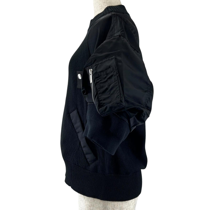Excellent Sacai tops Docking short-sleeved sweater black cotton Women 1 24-07087