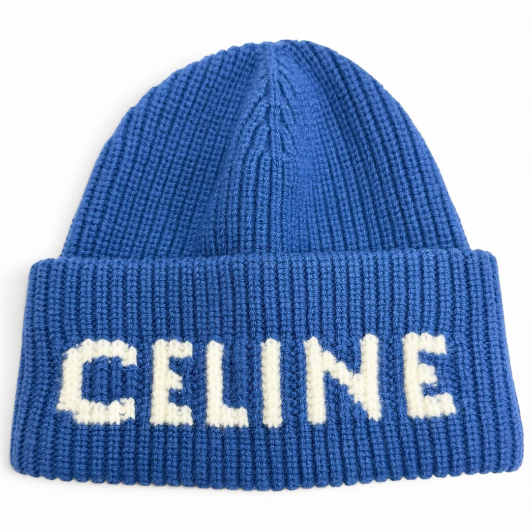 Excellent CELINE Knit cap Logo Rib Knit Cap Beanie Knit Hat blue wool AA0H92I93