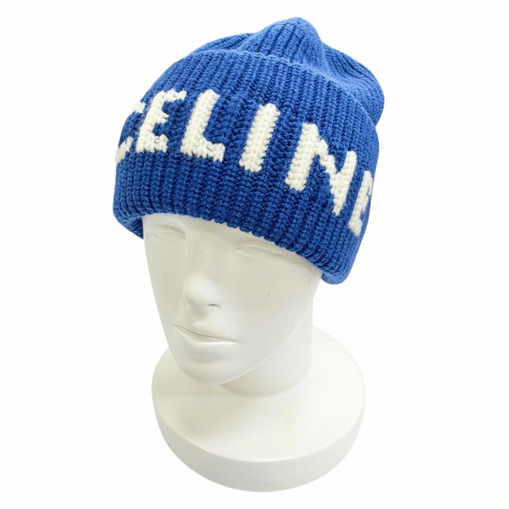 Excellent CELINE Knit cap Logo Rib Knit Cap Beanie Knit Hat blue wool AA0H92I93