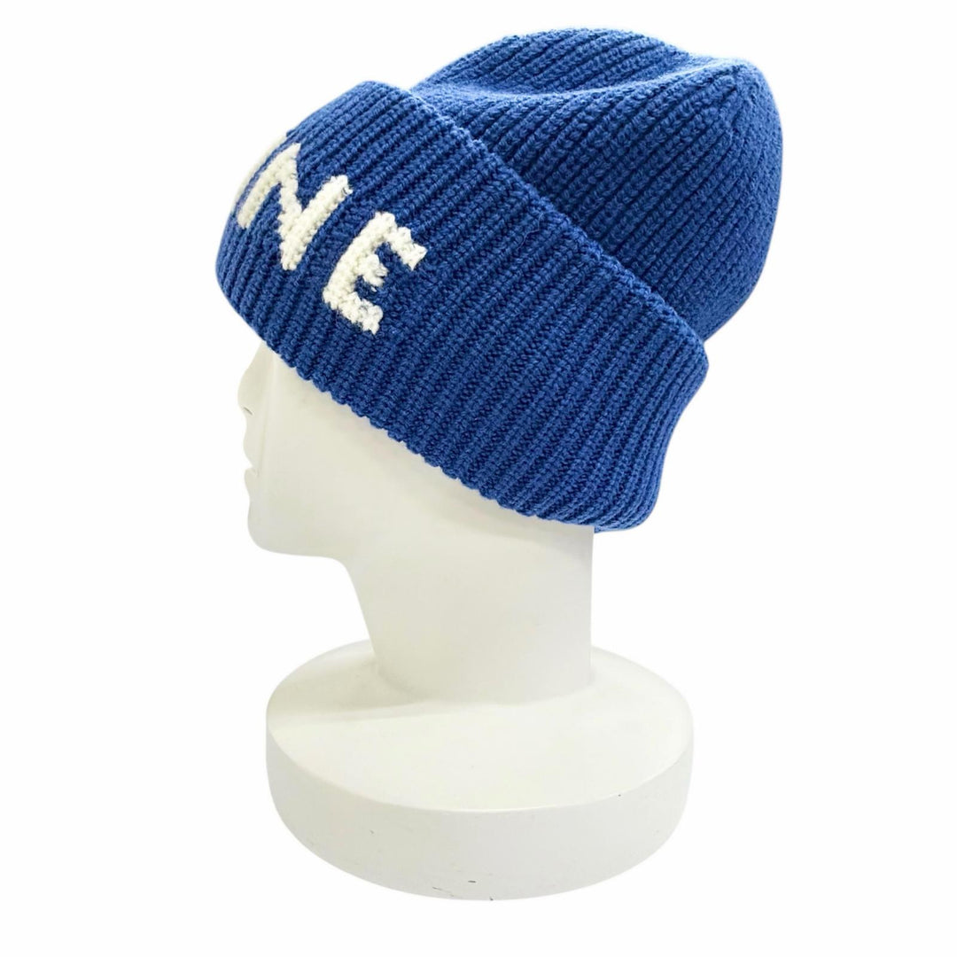 Excellent CELINE Knit cap Logo Rib Knit Cap Beanie Knit Hat blue wool AA0H92I93