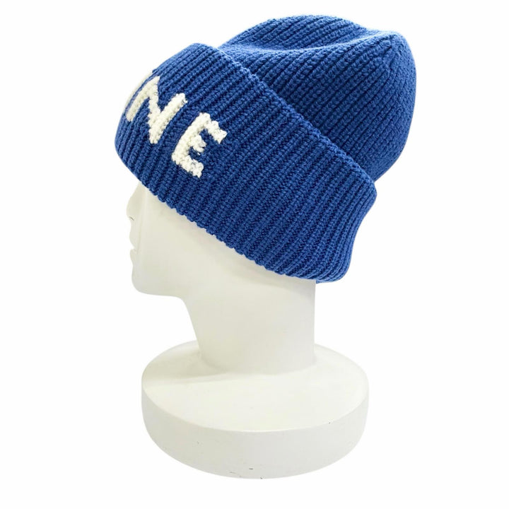 Excellent CELINE Knit cap Logo Rib Knit Cap Beanie Knit Hat blue wool AA0H92I93