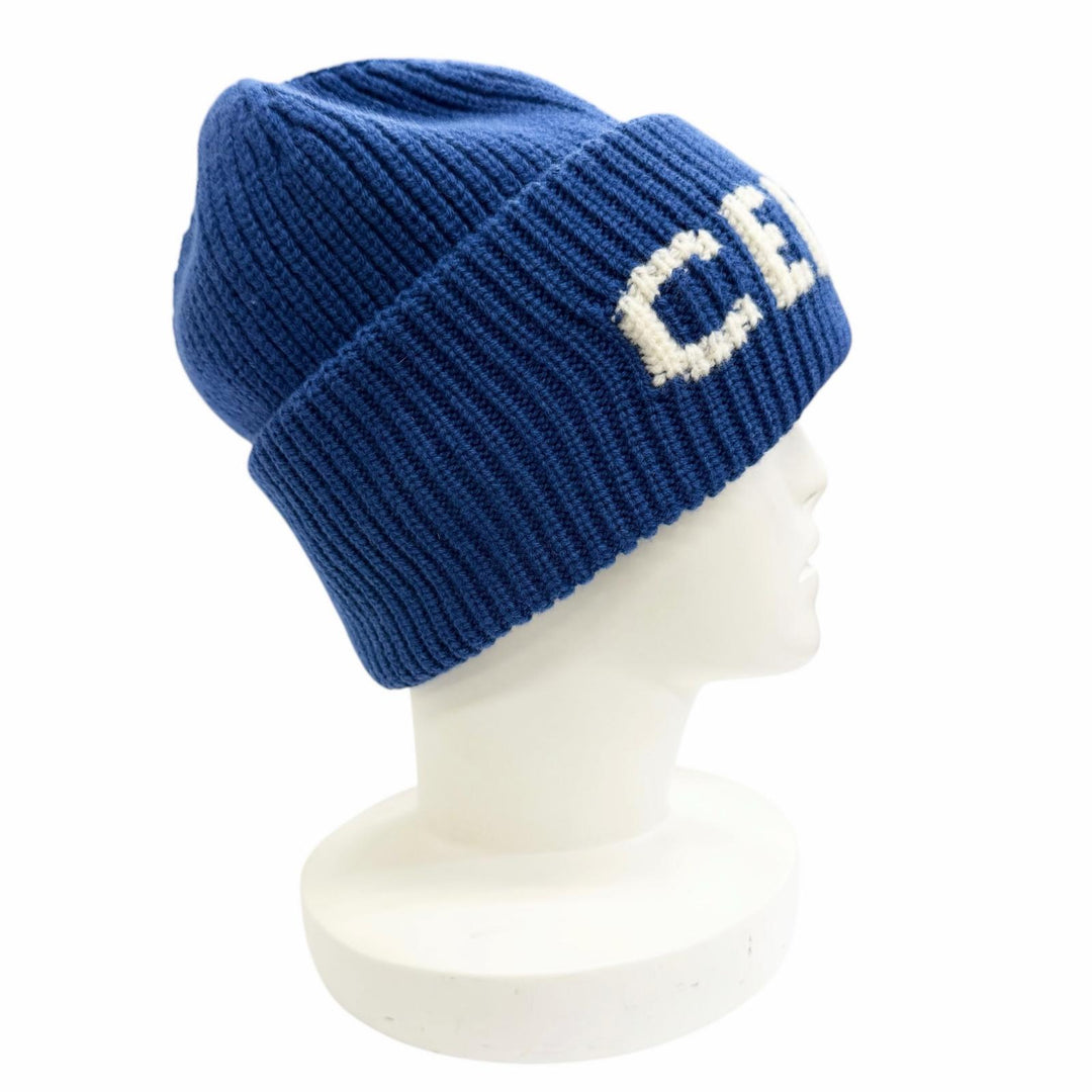 Excellent CELINE Knit cap Logo Rib Knit Cap Beanie Knit Hat blue wool AA0H92I93