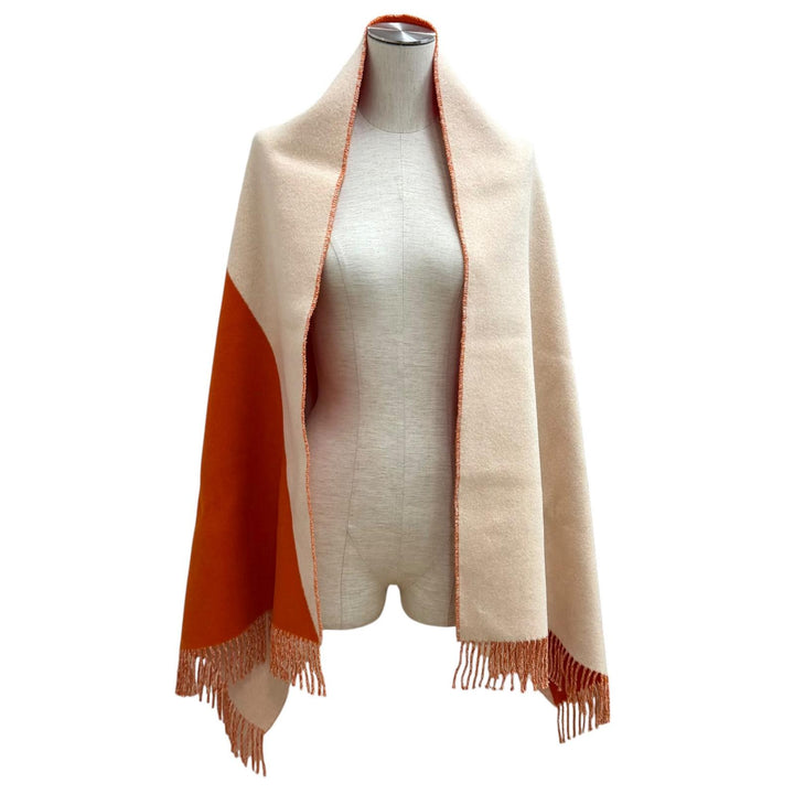 Excellent HERMES Stall Kazak Bicolor Fringe Large Scarf beige cashmere Women
